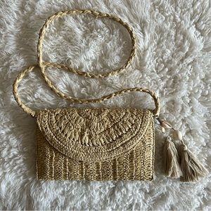 J. Jill Envelope Style Foldover Beach Vacation Raffia Tassel Crossbody